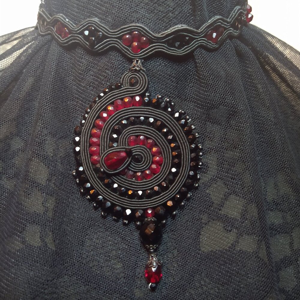 Striking Soutache Choker, Red & Black Beads with Large Center Medallion